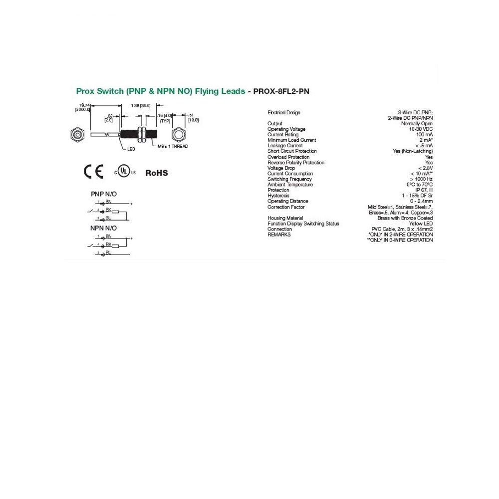 PROX-8FL2-PN NUMATICS/AVENTICS CYLINDER SWITCH<BR>PROX, PNP/NPN 10-30VDC, LED, 2M LEAD